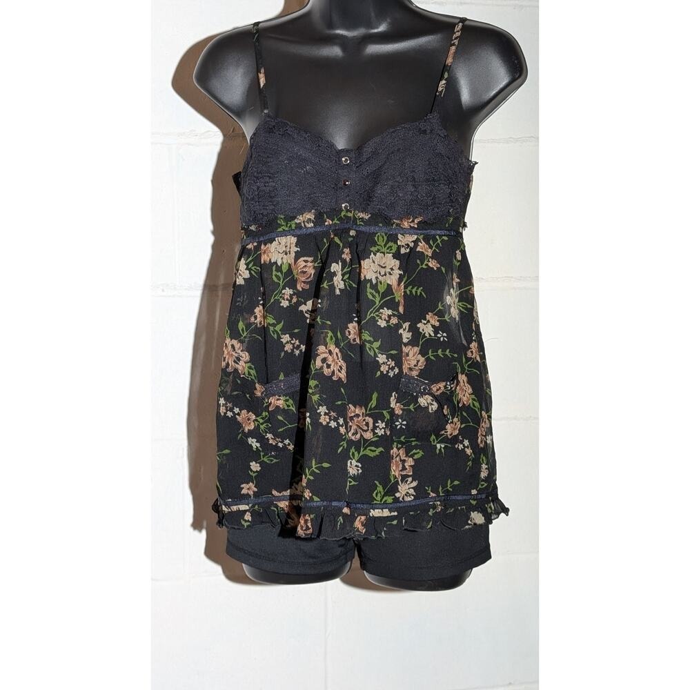 Fire Los Angeles Floral Cami Tank Top Lace Trim Ruffle Hem Babydoll Style Small